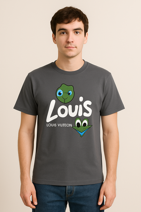 LV-Inspired Cartoon Graphic Premium Tee – Cloudstone Grey | Lycra Cotton | M–2XL