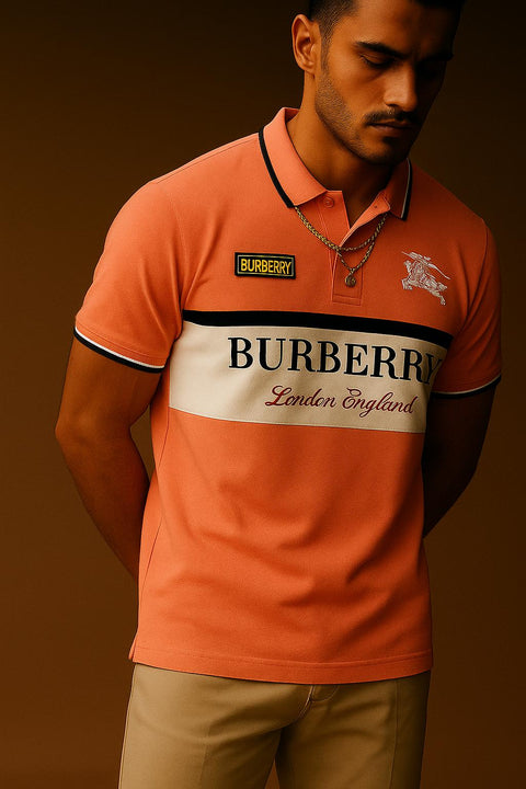 Premium Burberry-Inspired Men’s Polo – Ember Orange | Lacrya Cotton Blend | M–XL
