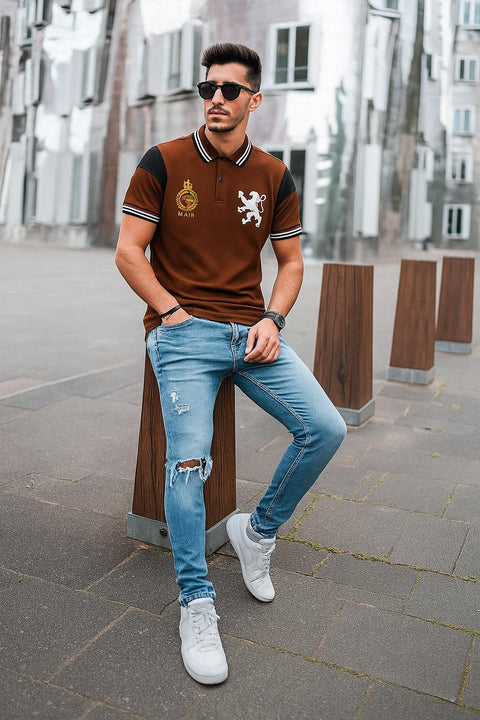 Men’s Premium Crest Embroidered Polo – Mocha Stone Brown & Forest Edge Green | 100% Cotton | M–XL          A