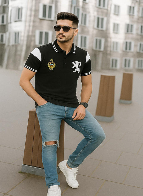 Men’s Premium Crest Embroidered Polo – Imperial Black | 100% Cotton | M–XL