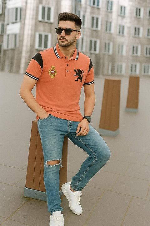 Men’s Premium Crest Embroidered Polo – Ember Blaze Orange | 100% Cotton | M–XL