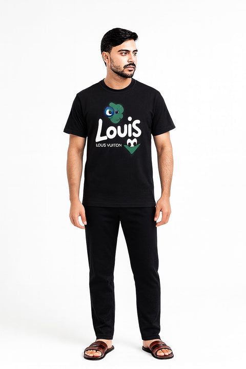 LV-Inspired Cartoon Graphic Premium Tee – Shadow Black | Lycra Cotton | M–2XL
